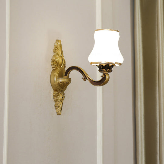 Gold Carved Arm Wall Sconce Light - Traditional Metal Bedroom With White Lampshade 1 / C