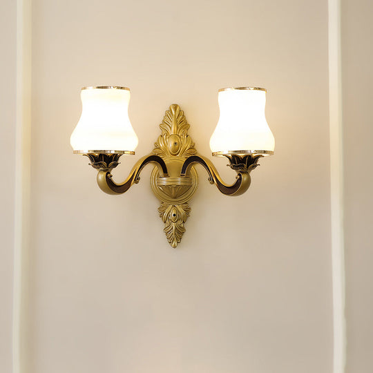 Gold Carved Arm Wall Sconce Light - Traditional Metal Bedroom With White Lampshade 2 / C