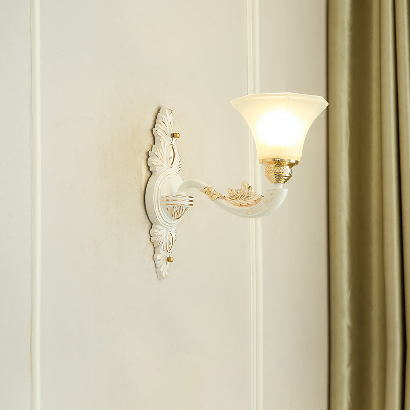 Gold Carved Arm Wall Sconce Light - Traditional Metal Bedroom With White Lampshade 1 / E