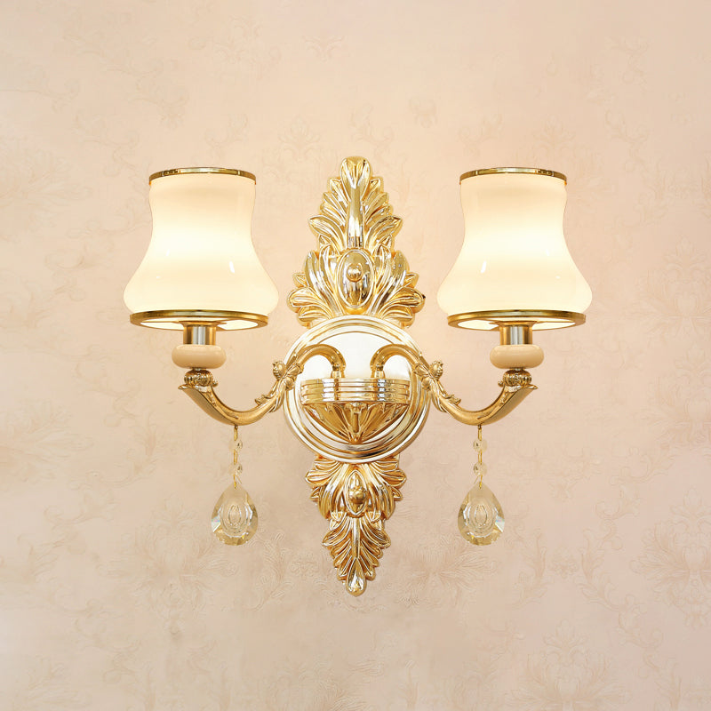 Gold Carved Arm Wall Sconce Light - Traditional Metal Bedroom With White Lampshade 2 / F