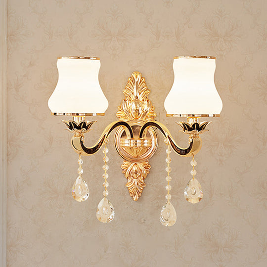 Gold Carved Arm Wall Sconce Light - Traditional Metal Bedroom With White Lampshade 2 / D