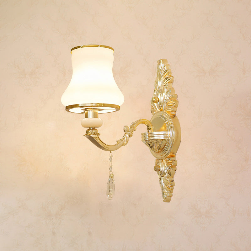 Gold Carved Arm Wall Sconce Light - Traditional Metal Bedroom With White Lampshade 1 / F