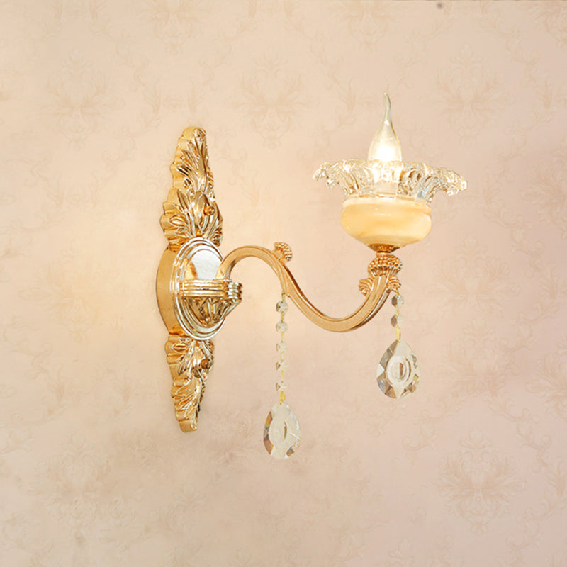 Gold Carved Arm Wall Sconce Light - Traditional Metal Bedroom With White Lampshade 1 / I