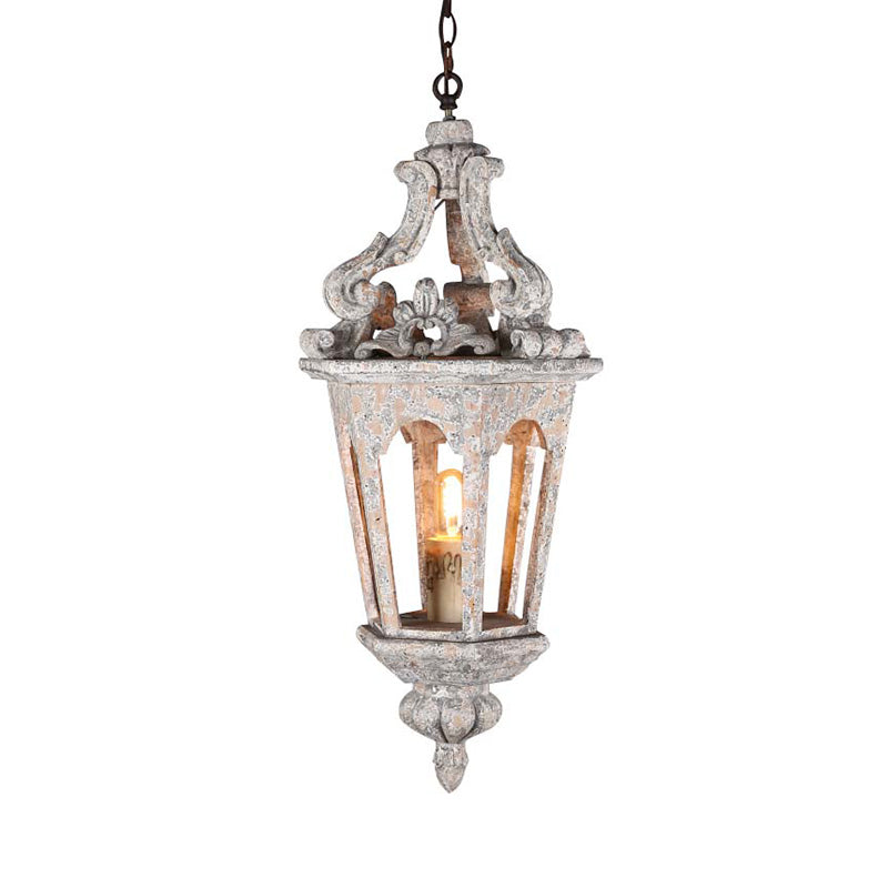 Distressed White Wooden Lantern Ceiling Light - Vintage Pendant Kit For Dining Room