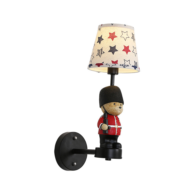Kids Style Fabric Wall Sconce - Empire Shade Single Black Mount Light With Trooper Deco