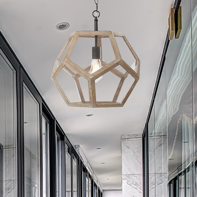 Beige Wood Pendant Light - Farmhouse Style 1-Light Corridor Hanging Ceiling Fixture