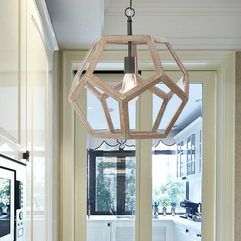 Beige Wood Pendant Light - Farmhouse Style 1-Light Corridor Hanging Ceiling Fixture