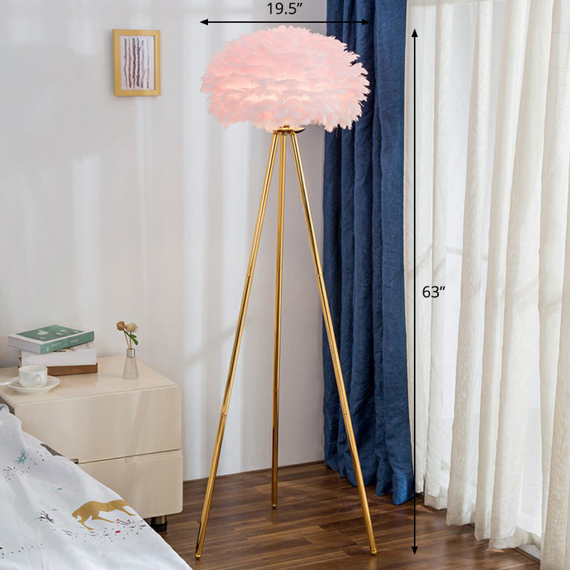 Nordic Style Feather Dome Bedside Floor Lamp - Brass Tripod 1 Head Pink