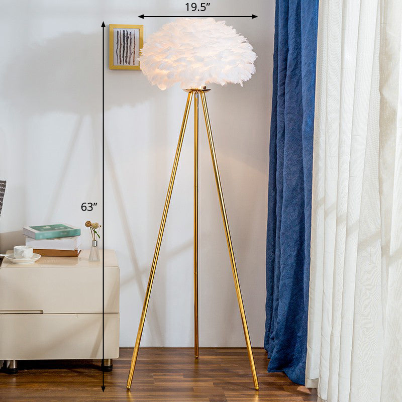 Nordic Style Feather Dome Bedside Floor Lamp - Brass Tripod 1 Head White