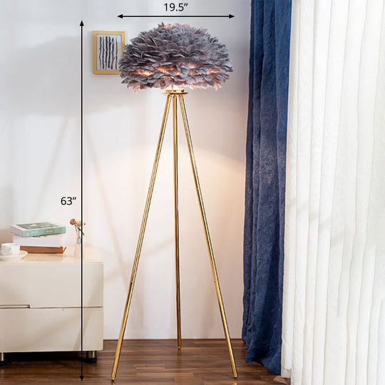 Nordic Style Feather Dome Bedside Floor Lamp - Brass Tripod 1 Head Grey