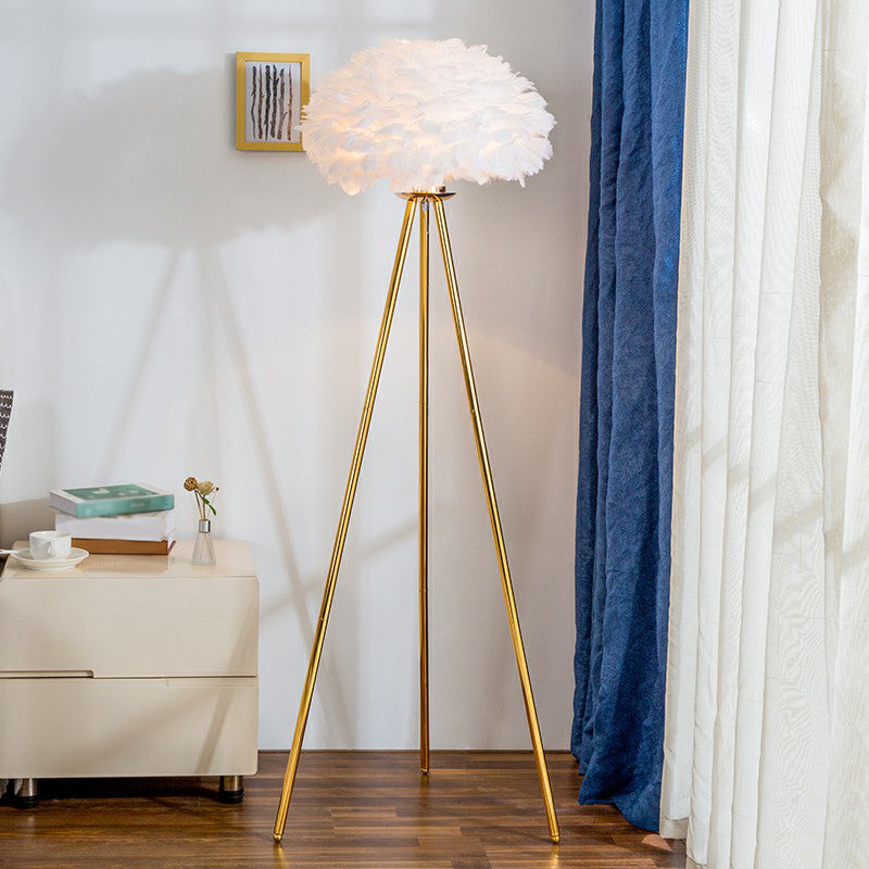 Nordic Style Feather Dome Bedside Floor Lamp - Brass Tripod 1 Head