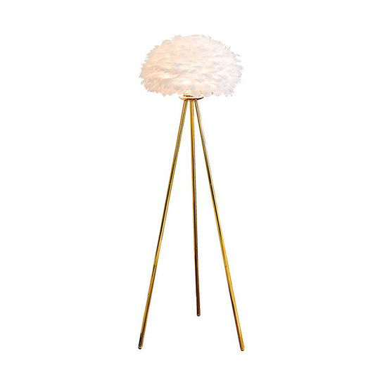 Nordic Style Feather Dome Bedside Floor Lamp - Brass Tripod 1 Head