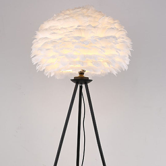 Minimalist Black-White Floor Lamp With Feather Dome Shade - 1-Light Living Room Stand Up Light Black