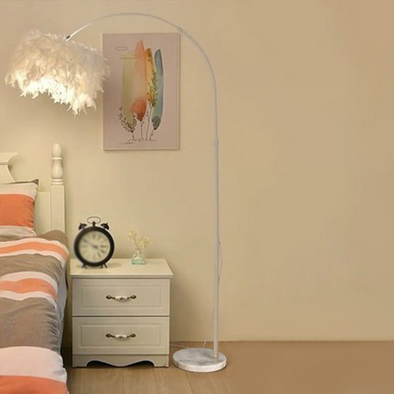 Simplicity White Drum Floor Lamp With Feather Accent Tray And Arc Arm