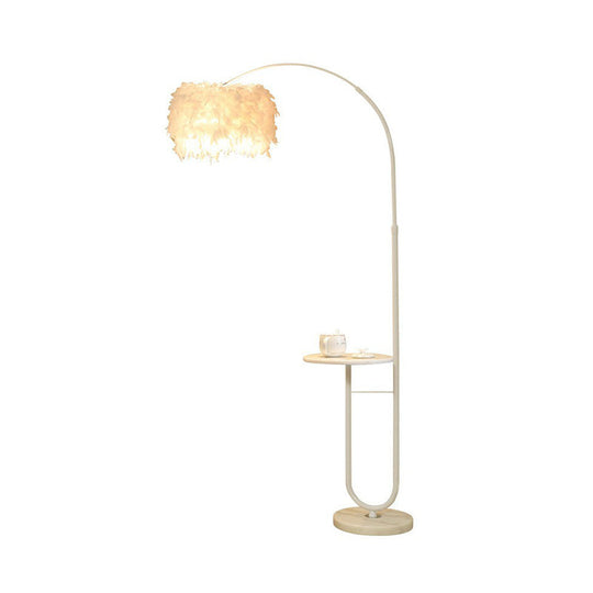 Simplicity White Drum Floor Lamp With Feather Accent Tray And Arc Arm