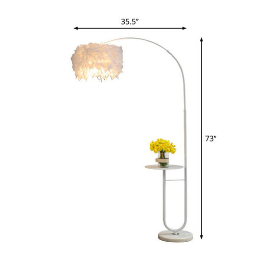 Simplicity White Drum Floor Lamp With Feather Accent Tray And Arc Arm