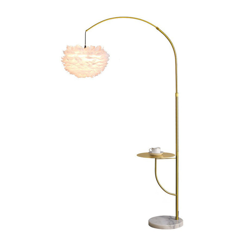 Antique Gold Arc Standing Lamp: Postmodern Metal Tray Floor Light With Feather Shade