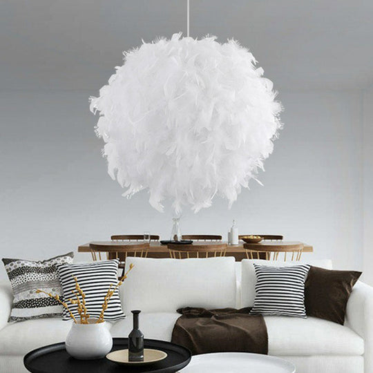 Sleek White Globe Feather Pendant Light For Bedroom Decor / 16