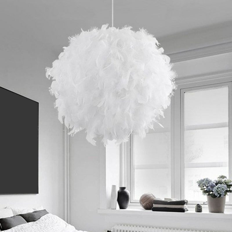Simple Feather Hanging Light Fixture for Bedroom - White Globe Pendulum Light with 1 Head