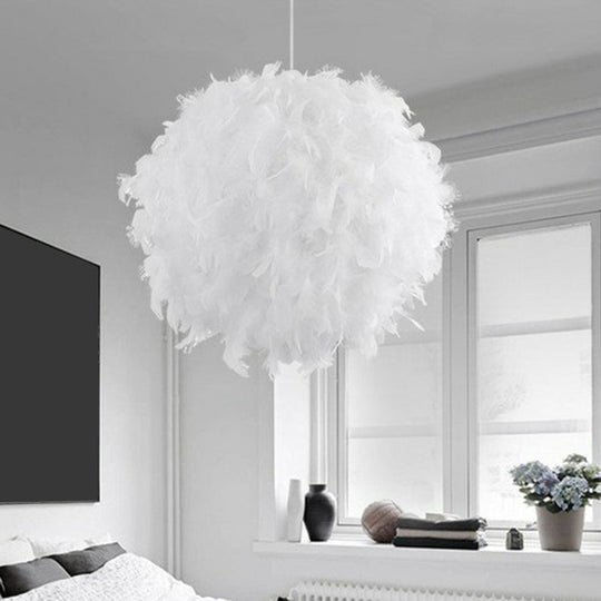Simple Feather Hanging Light Fixture for Bedroom - White Globe Pendulum Light with 1 Head