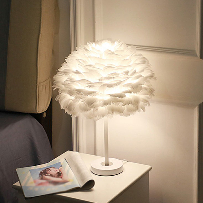 Feather Table Lamp - Hand-Woven Minimalistic Single-Bulb White Nightstand Light For Girls