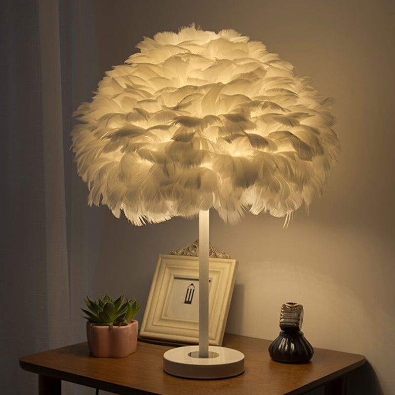 Feather Table Lamp - Hand-Woven Minimalistic Single-Bulb White Nightstand Light For Girls