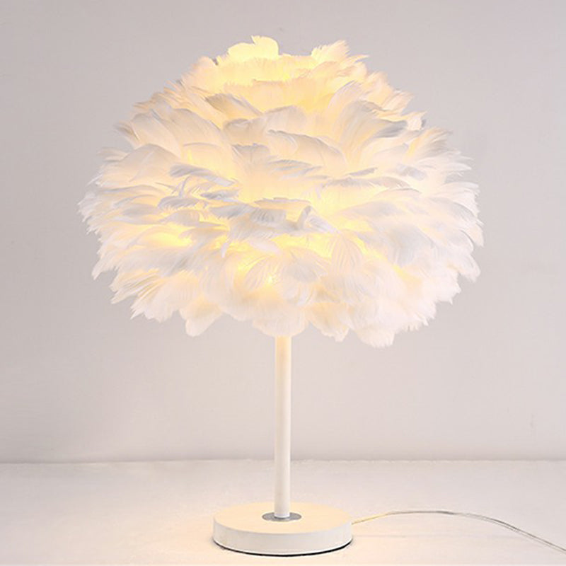 Modern Layered Flower Night Light With Feather Accent - 1-Head Table Lamp For Girls Bedroom White