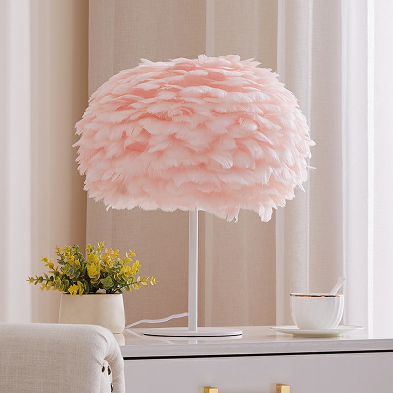 Stylish Nordic 1-Bulb Table Lamp: Hemispherical Nightstand Light With Feather Shade