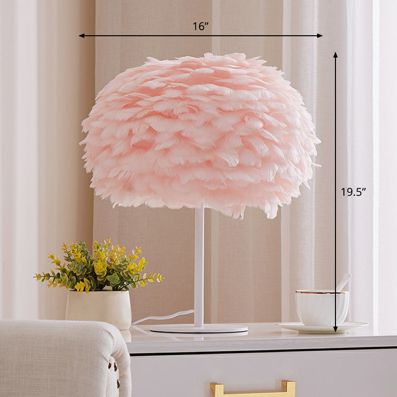 Stylish Nordic 1-Bulb Table Lamp: Hemispherical Nightstand Light With Feather Shade Pink