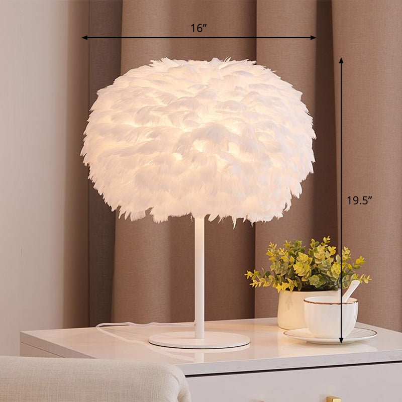 Stylish Nordic 1-Bulb Table Lamp: Hemispherical Nightstand Light With Feather Shade White