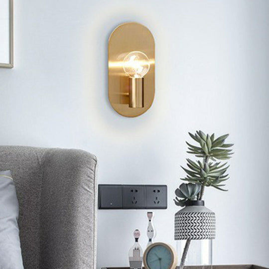Modern Gold Finish Wall Sconce With Exposed Bulb Design And Oval Backplate