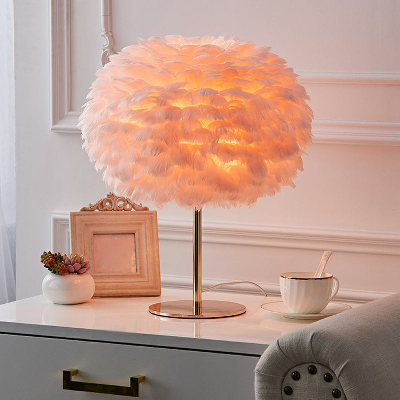 Sleek Feather 1-Light Spherical Night Table Lamp For Living Room Pink