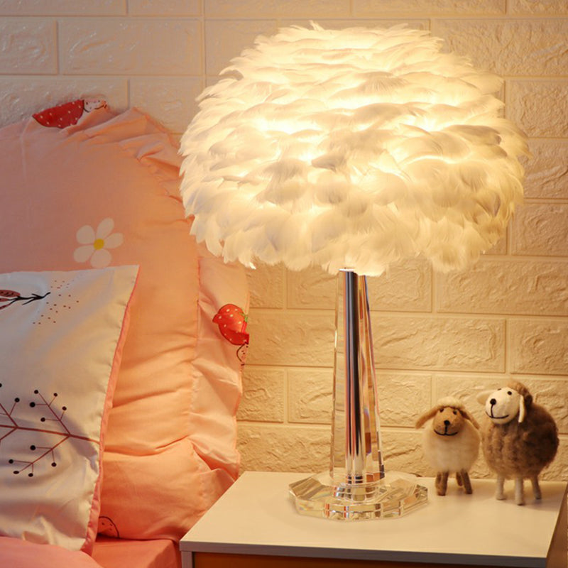 Nordic Bedside Lamp With Feather Shade & Crystal Accent - 1-Light Table Light