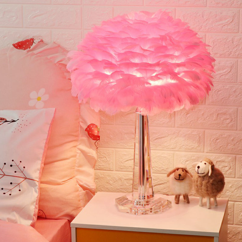 Nordic Bedside Lamp With Feather Shade & Crystal Accent - 1-Light Table Light Pink