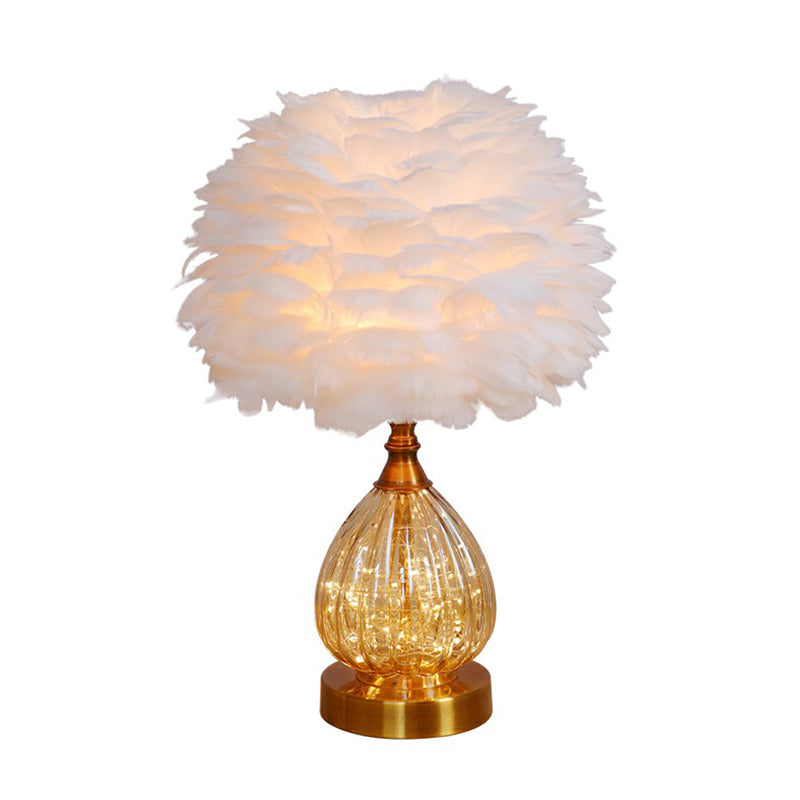 Modern Amber Glass Droplet Night Light With White Table Lamp And Feather Shade