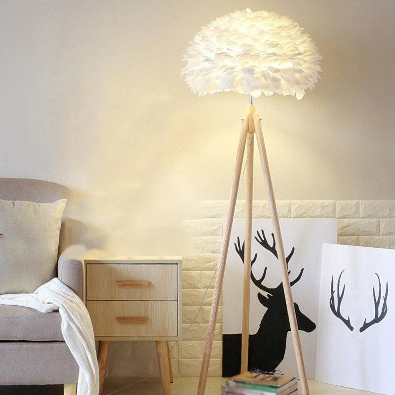Minimalist White Dome Floor Lamp With Feather Detail And Wood Tripod Base