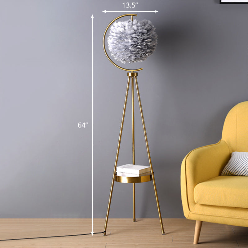 Nordic Feather Ball Floor Lamp With Brass Tripod And Tray Grey