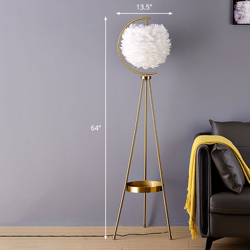 Nordic Feather Ball Floor Lamp With Brass Tripod And Tray White