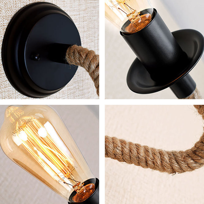 Rustic Brown Rope Wall Sconce With Exposed Bulb Design