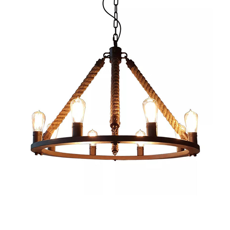 Modern Farmhouse Metal Chandelier: Circular Living Room Hanging Light Black Finish With Rope Cord