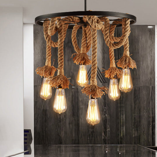 Rustic Rope Chandelier With Wheel Deco - Brown Open Bulb Design 6-Light Restaurant Hanging Lamp