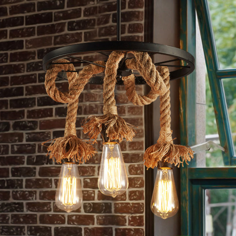 Rustic 6-Light Chandelier with Brown Open Bulb Design - Restaurant Hanging Lamp