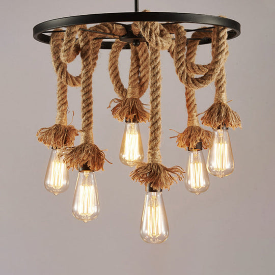 Rustic 6-Light Chandelier with Brown Open Bulb Design - Restaurant Hanging Lamp