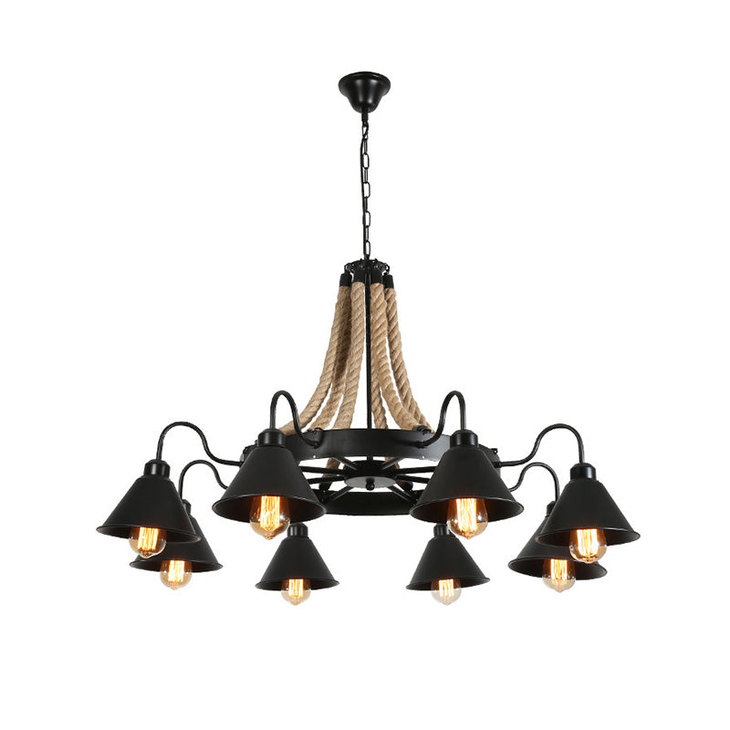 Industrial Black Iron Chandelier with Conical Shape, Wheel and Hemp Decoration