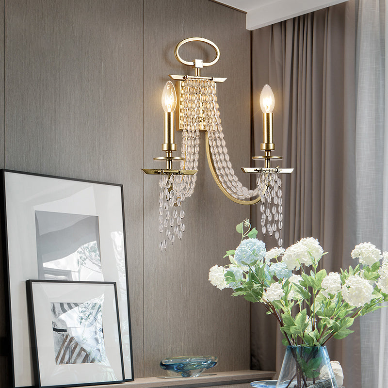 Modern Gold Metal Candle Wall Sconce With Crystal Tassel - Luxurious 2-Head Light