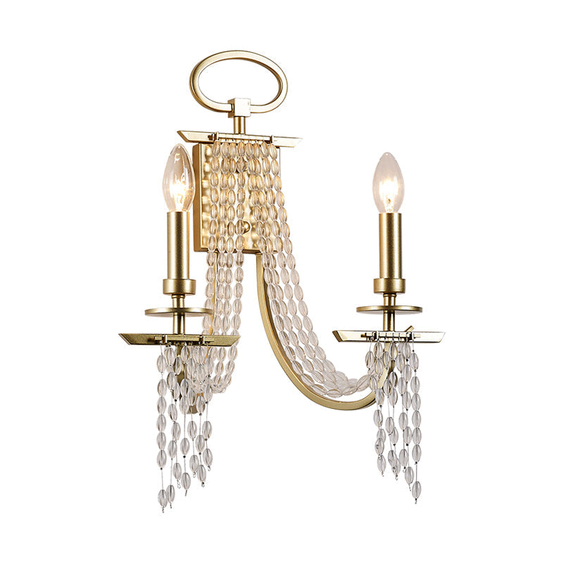 Modern Gold Metal Candle Wall Sconce With Crystal Tassel - Luxurious 2-Head Light
