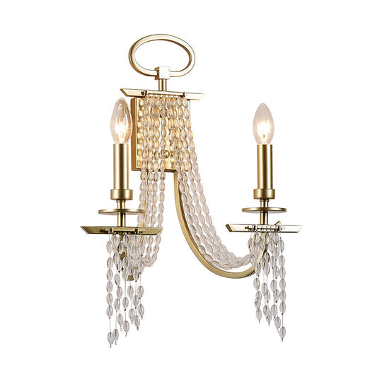 Modern Gold Metal Candle Wall Sconce With Crystal Tassel - Luxurious 2-Head Light