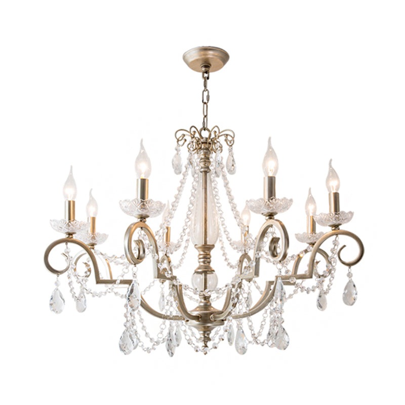 Rustic Crystal Candle Chandelier: Aged Silver Living Room Light With Swirled Arm