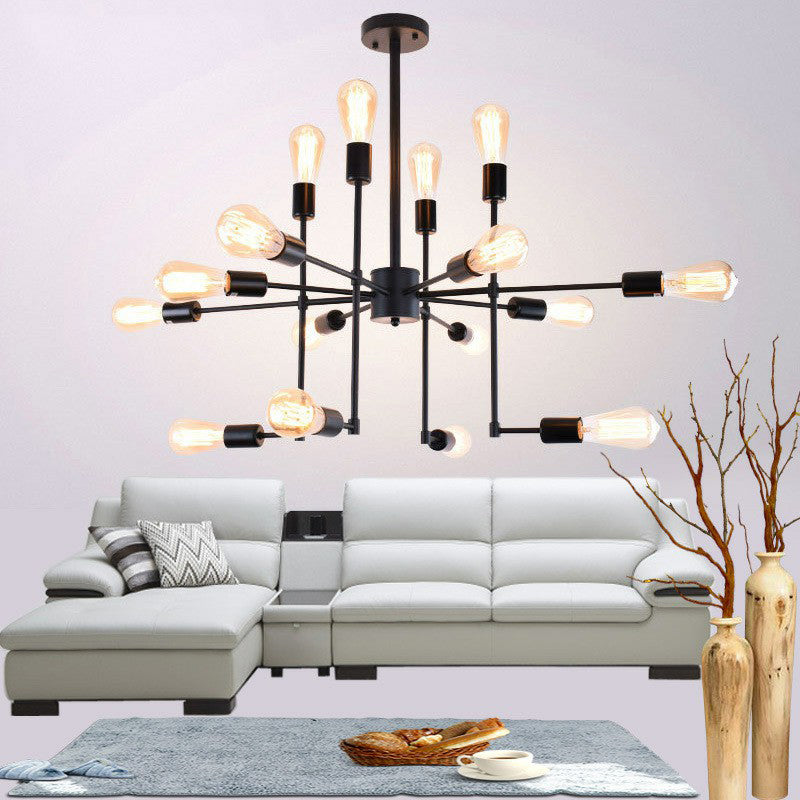 Industrial Style 4-Sided Chandelier – 16 Bulbs, Black Metal - Ideal for Living Room Ceiling