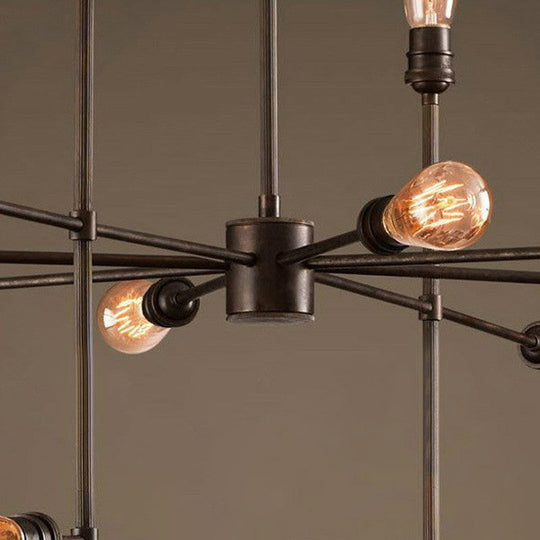 Industrial Style Black Metal Chandelier - 16 Bulbs 4-Sided Ceiling Hang Light For Living Room